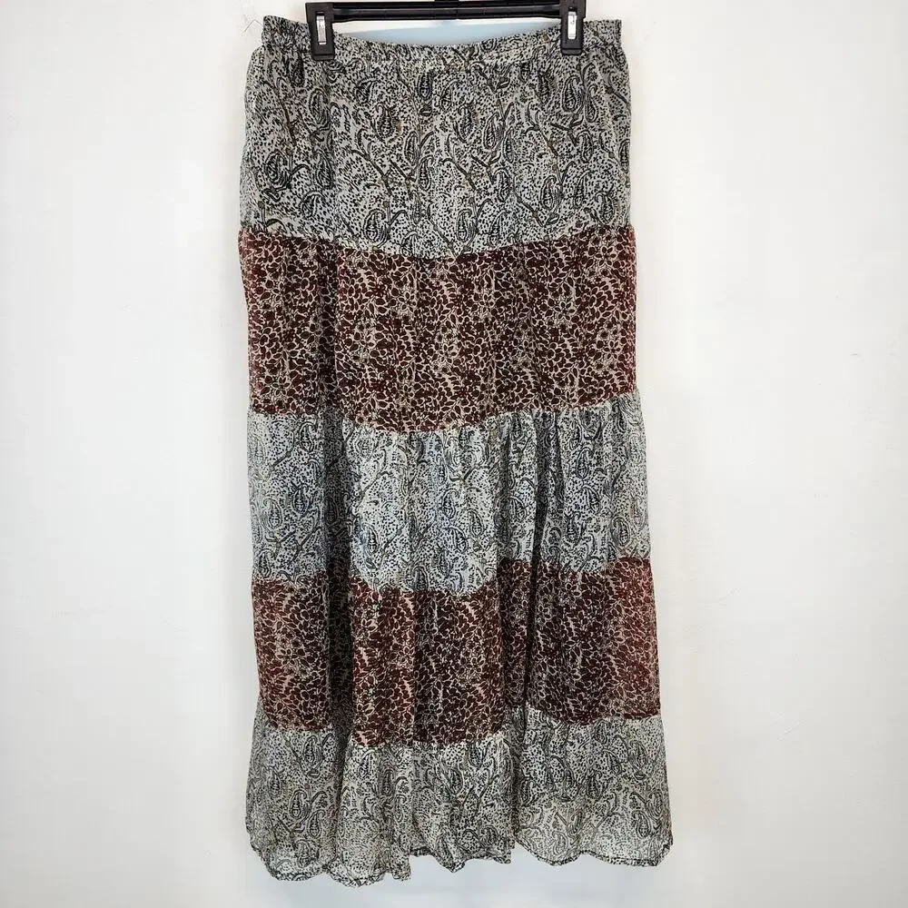 Solitaire Tiered Broomstick Maxi Skirt Size L Paisley Chiffon Lined Whimsygoth